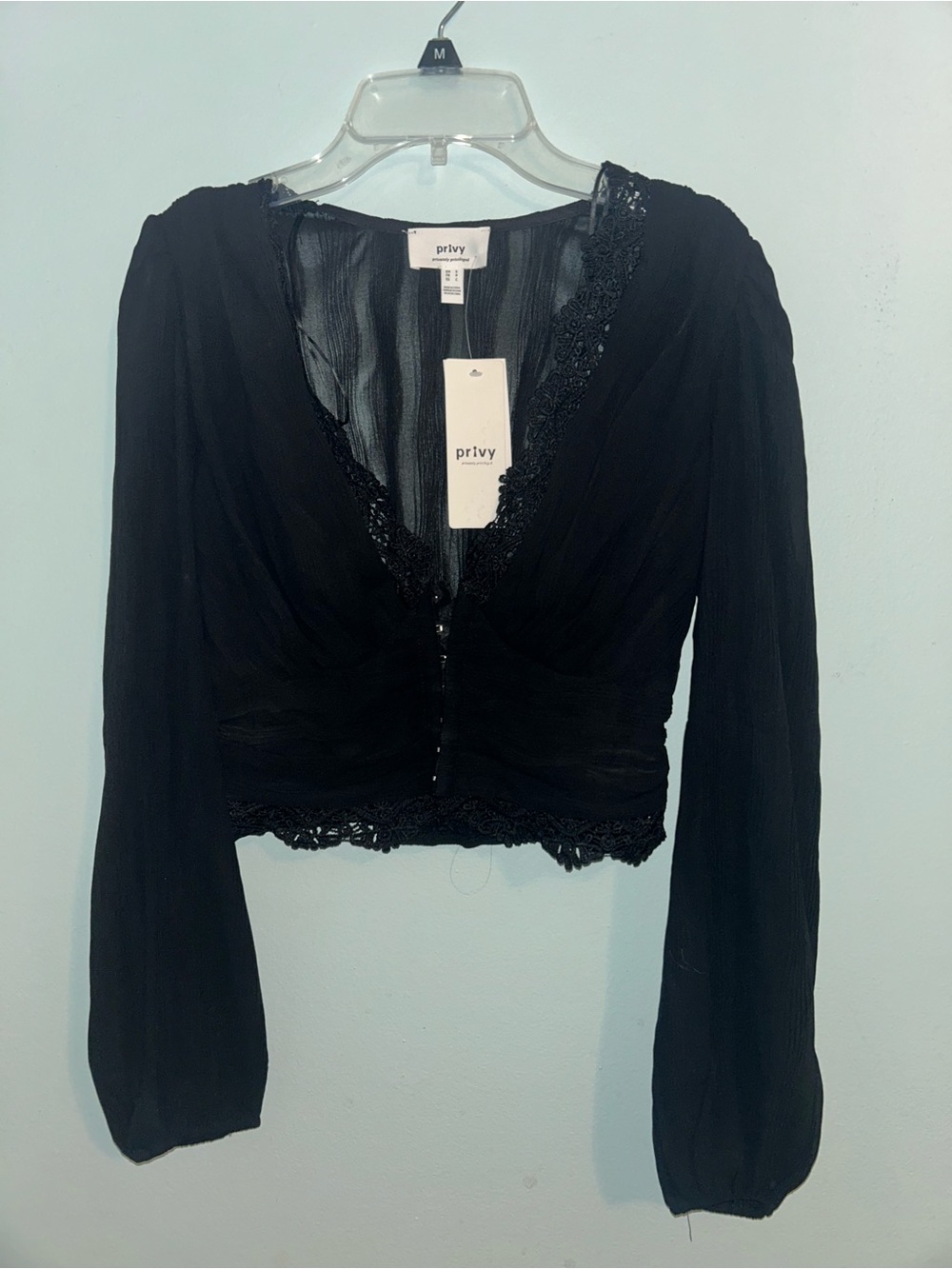 privy Black Lace-Trim V-Neck Cropped Top
